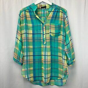 Cals Womens Tunic Top Blue Yellow Plaid 3/4 Sleeve Band Collar Popover M